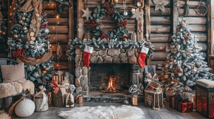 Wall Mural - Cozy Christmas Decor with Trees and Fireplace