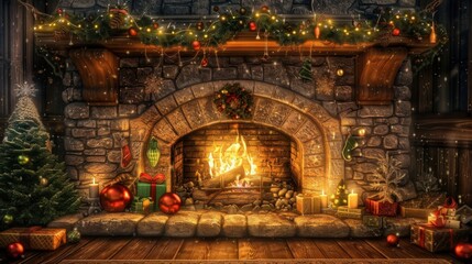 Poster - Cozy Christmas Fireplace with Decorations and Gifts