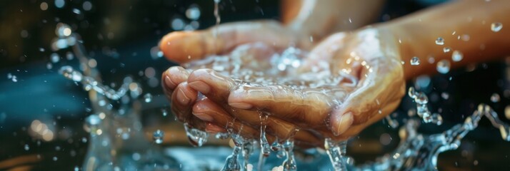 Poster - Water cascades over hands as they are washed, emphasizing the vital practice of hand hygiene in a clean and bright environment. Generative AI