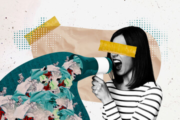 Wall Mural - Composite artwork sketch image collage of monochrome young woman leader talk megaphone proclaim trash garbage ecological problem pollution