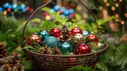 Wall Mural - Festive Christmas Ornaments in a Decorative Basket