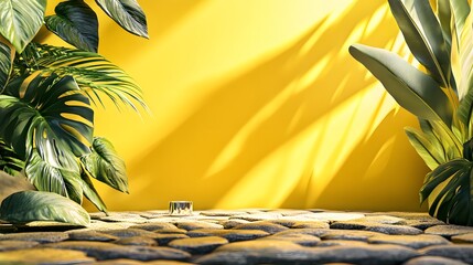 2. **Design a vibrant 3D scene with a summer yellow backdrop, infused with bright sunlight and the subtle shadows of tropical leaves. Set the stage with textured cobblestones and a polished silver