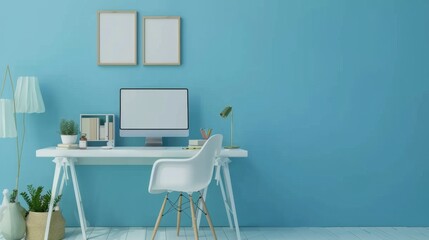 Poster - Modern Minimalist Office Space with Blue Wall