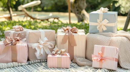 Poster - Elegant Wrapped Presents in Outdoor Setting