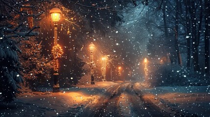 Sticker - Snowy Night Street with Vintage Street Lamps