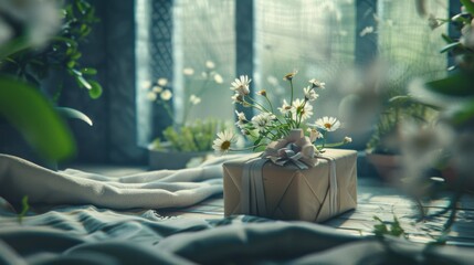 Sticker - Gift Box Surrounded by Flowers in a Sunlit Room