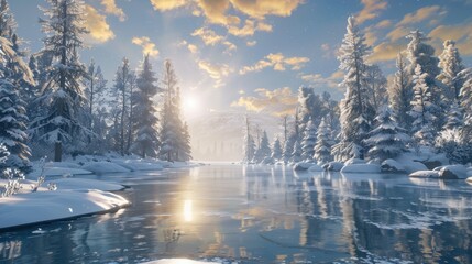 Wall Mural - Serene Winter Landscape with Frozen River and Trees