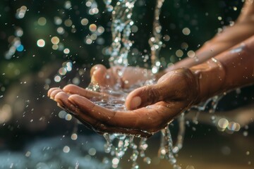Aufkleber - Two hands are cleansing under a gentle stream of water surrounded by a bright, natural environment on a sunny day. Generative AI