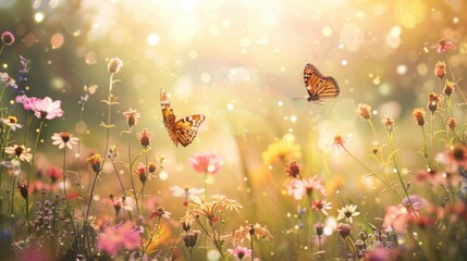 Poster - Colorful butterflies dance gracefully among blooming meadow flowers under warm sunlight in a serene outdoor setting. Generative AI