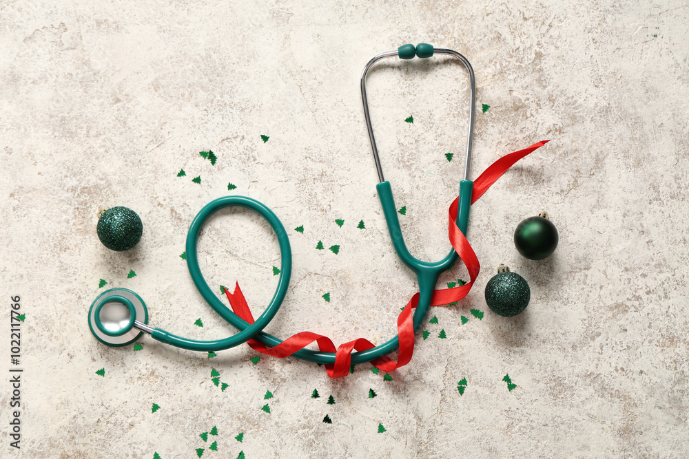 Stethoscope with Christmas balls and ribbon on light background