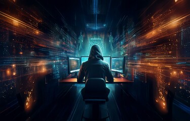 A hooded figure sits at a computer desk, facing two monitors displaying data streams and code.  The background is filled with abstract lines of light.