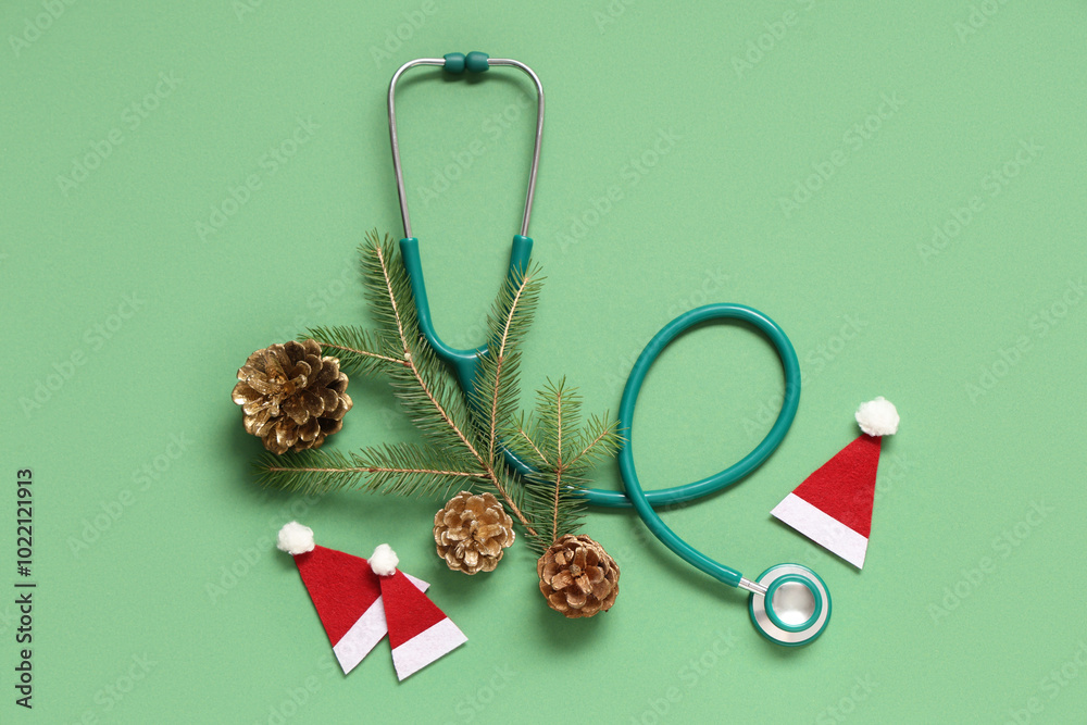 Stethoscope with Christmas tree branches, cones and decorative Santa hats on green background