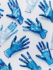 Poster - A collection of sterile medical gloves in various shades of blue placed on a white surface, ready for healthcare tasks and safety. Generative AI