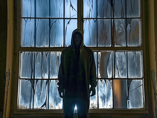 Poster - A person is standing in front of a window with a hood over their head. The window is foggy and the person is partially hidden in the shadows. Scene is eerie and mysterious