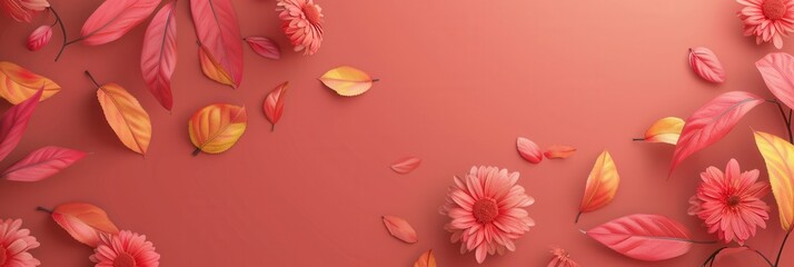 Poster - Colorful autumn leaves and flowers create a stunning display of warm tones on a soft background, emphasizing the beauty of the season. Generative AI