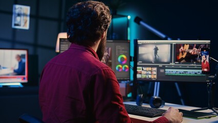 Poster - Video editor using smartphone to film tutorial on how to polish raw footage and apply modern editing techniques. Videographer recording internet guide on professionally adjusting clips