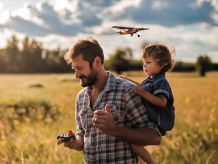 Sticker - A man is holding a child on his back while flying a remote control airplane. The scene is set in a field with a cloudy sky in the background. Scene is playful and fun, as the man