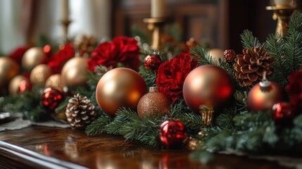 festive holiday decoration with ornaments and greenery.