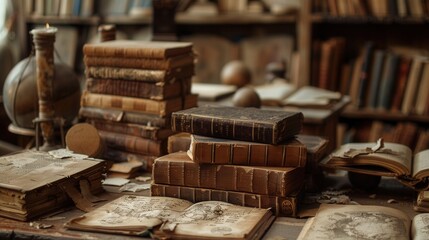 Poster - A collection of ancient books and scrolls rests on a table, surrounded by historical artifacts in a richly detailed library. Generative AI