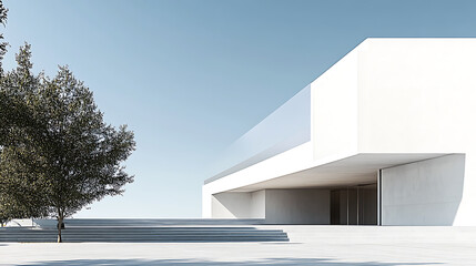 A minimalist building with clean lines and smooth white concrete surfaces, set against a clear blue sky, emphasizing simplicity and modern architectural design 