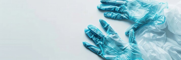 Poster - A pair of sterile medical gloves lies flat on a pristine white surface, emphasizing cleanliness and readiness for healthcare tasks. Generative AI