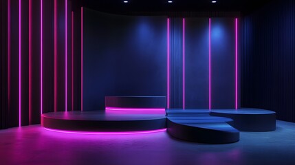 Wall Mural - 3. **Imagine a sophisticated exhibition podium and platform with a dark backdrop and a captivating neon glow, designed to attract attention for product displays. The scene should convey a modern