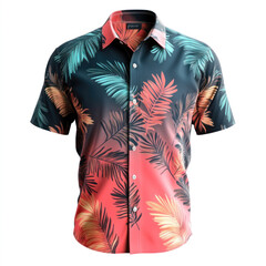 shirt with colorful tropical print hanging on a clothesline against a blue sky.