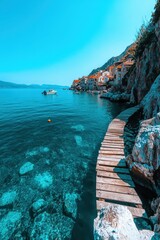 A stunning coastal pathway made of wood stretches along clear blue waters, leading to a charming village nestled between rocky cliffs under bright sunlight.