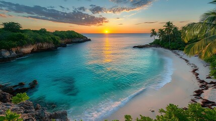 A tranquil beach scene at sunset with crystal clear turquoise waters, a white sandy shore, and lush palm trees swaying in the breeze.