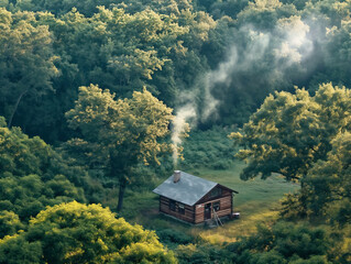 Wall Mural - A small cabin is surrounded by trees and smoke is coming out of the chimney. The cabin is in a wooded area and he is a peaceful retreat