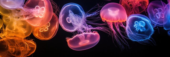 Canvas Print - Beautiful glowing jellyfish in deep sea closeup view. Abstract background.