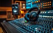 © Nattapat - An intricate closeup of a mixing console and headphones in a podcasting studio, representing the technical side of professional audio production