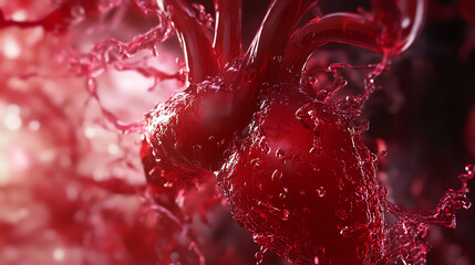 Detailed close-up of biological heart with flowing red liquid, depicting the complexity of life and the circulatory system.