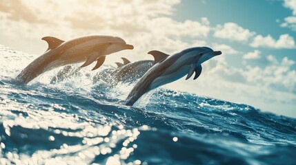 Dolphins Jumping Through Ocean Waves at Sunset