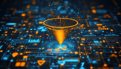 Leinwandbilder - Creative concept of digital transformation using a data collection funnel, symbolizing the synergy between technology and data analytics in contemporary business, bold graphics