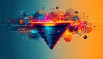 Aufkleber - Creative concept of digital transformation using a data collection funnel, symbolizing the synergy between technology and data analytics in contemporary business, bold graphics