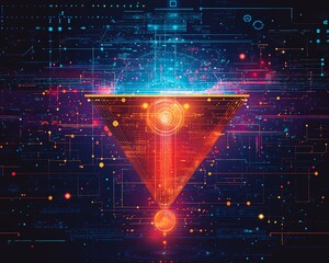 Aufkleber - Illustration of a data collection funnel representing digital transformation, focusing on the fusion of technology and data analytics in business, with a techinspired aesthetic