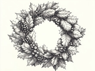 An ink illustration of a Christmas wreath, with delicate cross-hatching highlighting each leaf and berry 