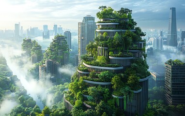 Modern buildings with lush green terraces, enhancing air quality and urban aesthetics in a futuristic cityscape