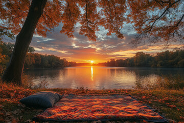 Poster - A beautiful sunset over a lake with a blanket and pillow on the ground