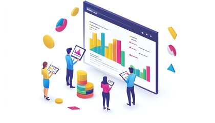 Poster - Business presentation data report illustration, isometric view, isolated on white background, modern design, vibrant colors, clean lines, professional layout