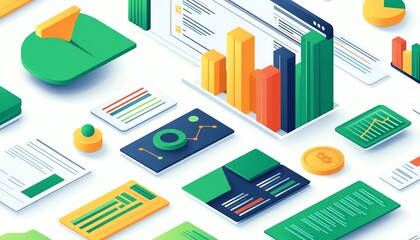 Aufkleber - Dynamic isometric view of a business presentation, data report illustration, isolated on white background, bright colors, clear and informative