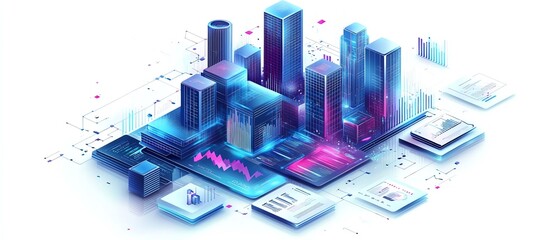 Poster - Innovative isometric business report illustration, featuring detailed data analysis, isolated on white background, modern and sophisticated style