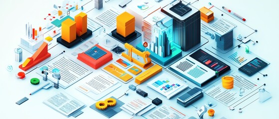 Poster - Innovative isometric business report illustration, featuring detailed data analysis, isolated on white background, modern and sophisticated style