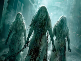 Wall Mural - Three women dressed in white and black, with long hair, are walking down a dark alleyway