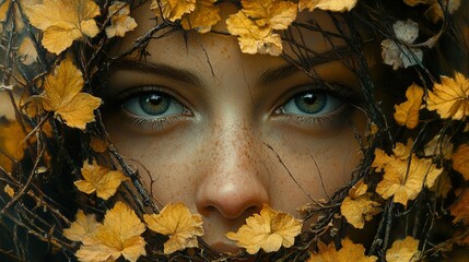 Autumnal Portrait: Woman's Eyes Hidden in Golden Leaves