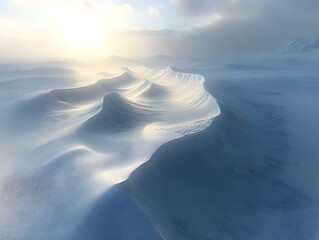 A serene winter landscape with rolling snow-covered hills, bathed in the soft glow of the setting sun. The scene is captivating, capturing the essence of a peaceful and untouched wilderness.