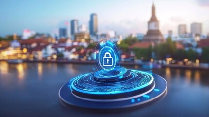 Poster - Digital Lock Icon on Futuristic City Background