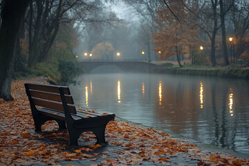 Wall Mural - A bench is sitting on a path next to a river