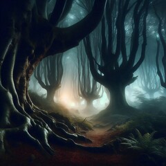 Mysterious forest with glowing mist and ancient trees